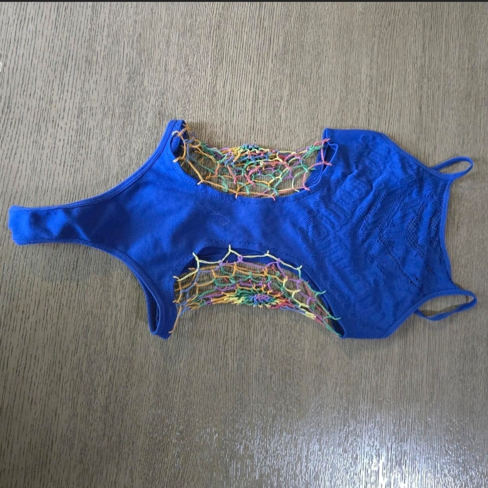 Soho Girls Blue One Piece Swimsuit with Multicolor Netting